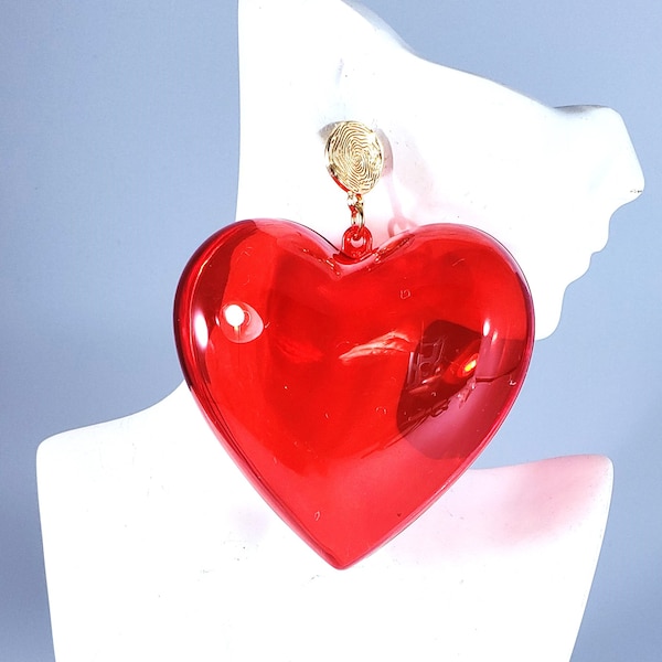 Oversized Red Heart Earrings 3.5" Long Gold Stud Big Bold Chunky Valentines Red Statement Valentine's Jewelry Plus Size Huge Fun Funky