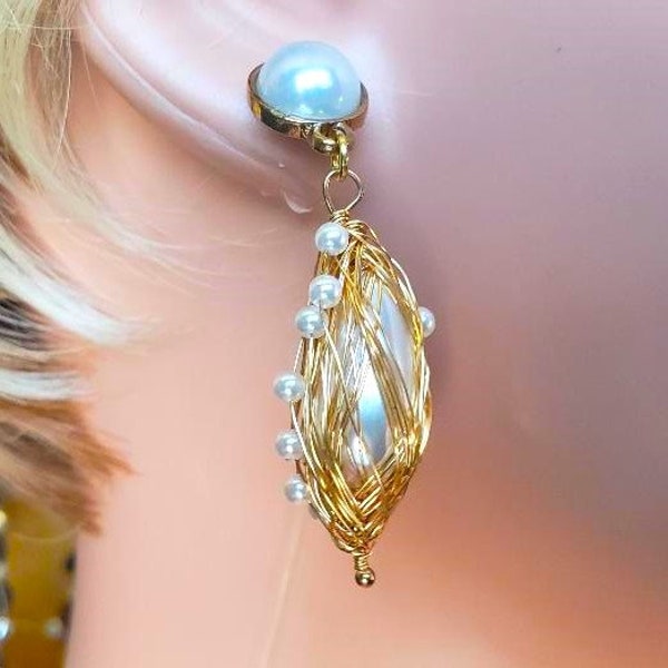 Pearl Earrings 2" Long Wire Wrapped Tear Drop Pearl Artisan Beadwork Wedding Bridal Formal Earrings Big Bold Statement Elegant