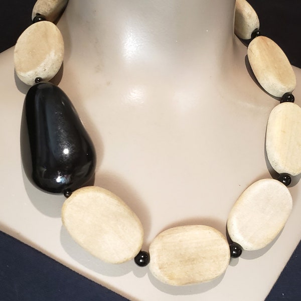 Chunky Asymmetric Natural Wood Necklace Wooden Black Beige Modern Urban Big Bold Statement Choker Large Beads Cocktail Necklace Club Wear
