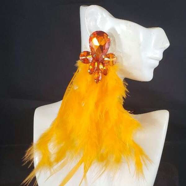 Statement Earrings 6" Long Orange Feather Earrings Halloween Jewelry Runway Red Carpet Rhinestone Oversized Big Bold Chunky Formal Earrings