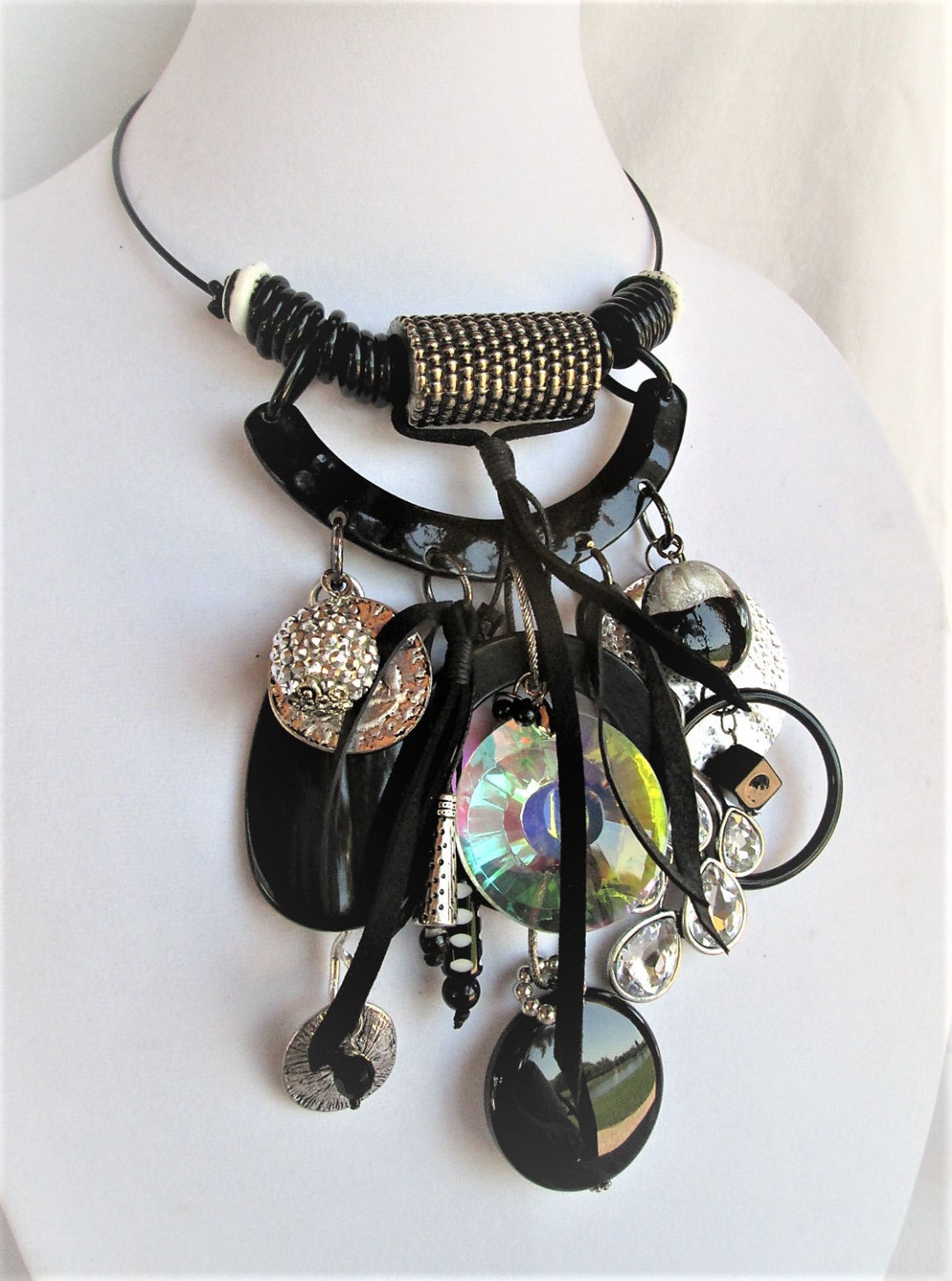 Big Bold Statement Necklace Rhinestone Silver Black Recycled Etsy
