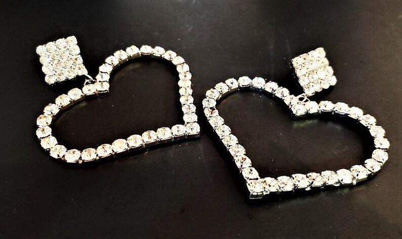 Huge Rhinestone Heart Earrings 4.25 Long Silver Clear Crystal Oversized Statement Big Bold Chunky Plus Size Formal Earrings Valentines Day