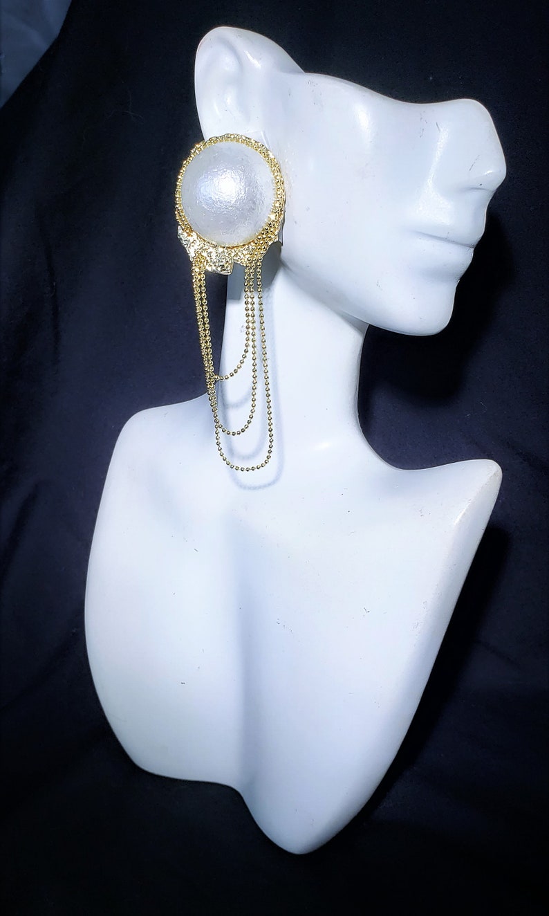 Pearl Earrings 3.5 Long Dangle White Pearl Stud Gold Chains Big Bold Chunky Statement Wedding Earrings Bridal Jewelry Formal