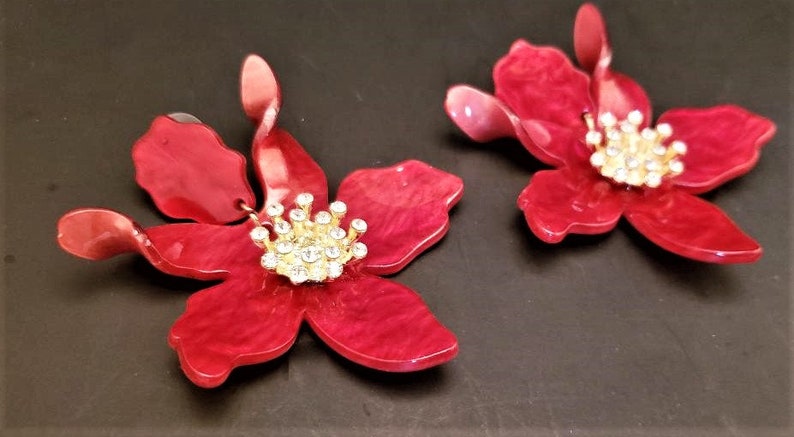 Flower Earrings 3 Long Red Floral Rhinestones Acrylic Big Bold Chunky Statement Oversized Plus Size Garden Wedding Summer Spring