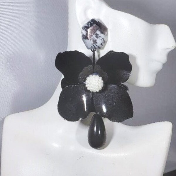 Flower Earrings 4" Long Black White Floral Pearl Metal Petals Oversized Statement Big Bold Chunky Plus Size Plus Size Haute Couture