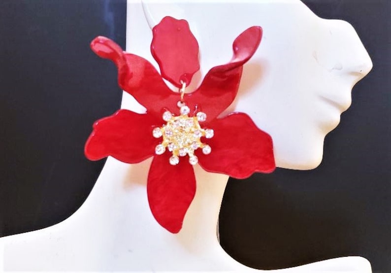 Flower Earrings 3 Long Red Floral Rhinestones Acrylic Big Bold Chunky Statement Oversized Plus Size Garden Wedding Summer Spring