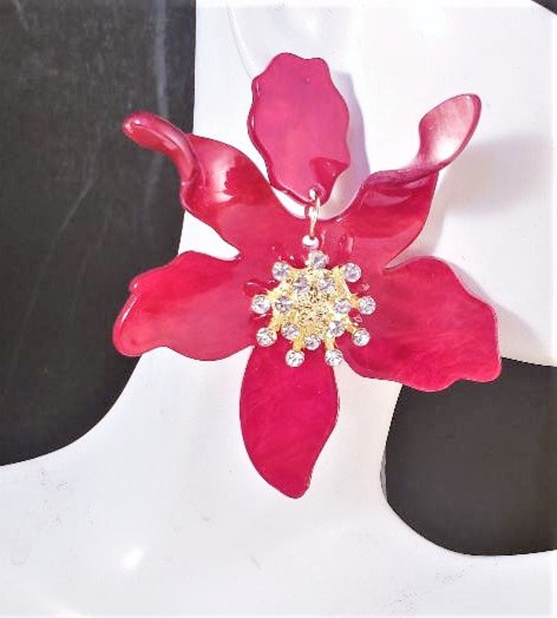 Flower Earrings 3 Long Red Floral Rhinestones Acrylic Big Bold Chunky Statement Oversized Plus Size Garden Wedding Summer Spring