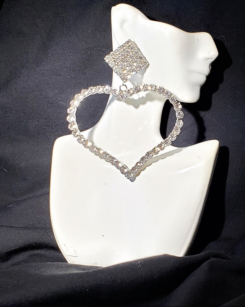 Huge Rhinestone Heart Earrings 4.25 Long Silver Clear Crystal Oversized Statement Big Bold Chunky Plus Size Formal Earrings Valentines Day