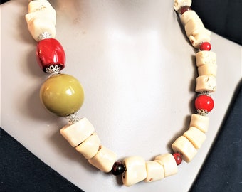 Natural White Coral Necklace Asymmetric Red Coral Olive Big Bold Chunky Statement Natural Stone Gemstone