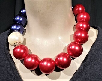 Red White Blue Necklace Chunky Pearl Patriotic 4th Fourth of July Independence Day Memorial Day Vote Oversized Pearl Plus Size Labor Day