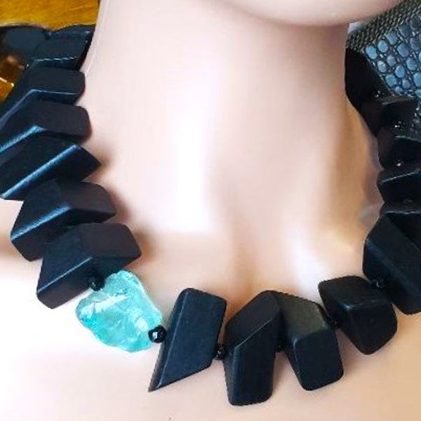 Black Statement Necklace Asymmetric Big Bold Chunky Wood Nuggets Choker Aqua Blue Quartz Gemstone Avant Garde Unique Dramatic Modern Urban