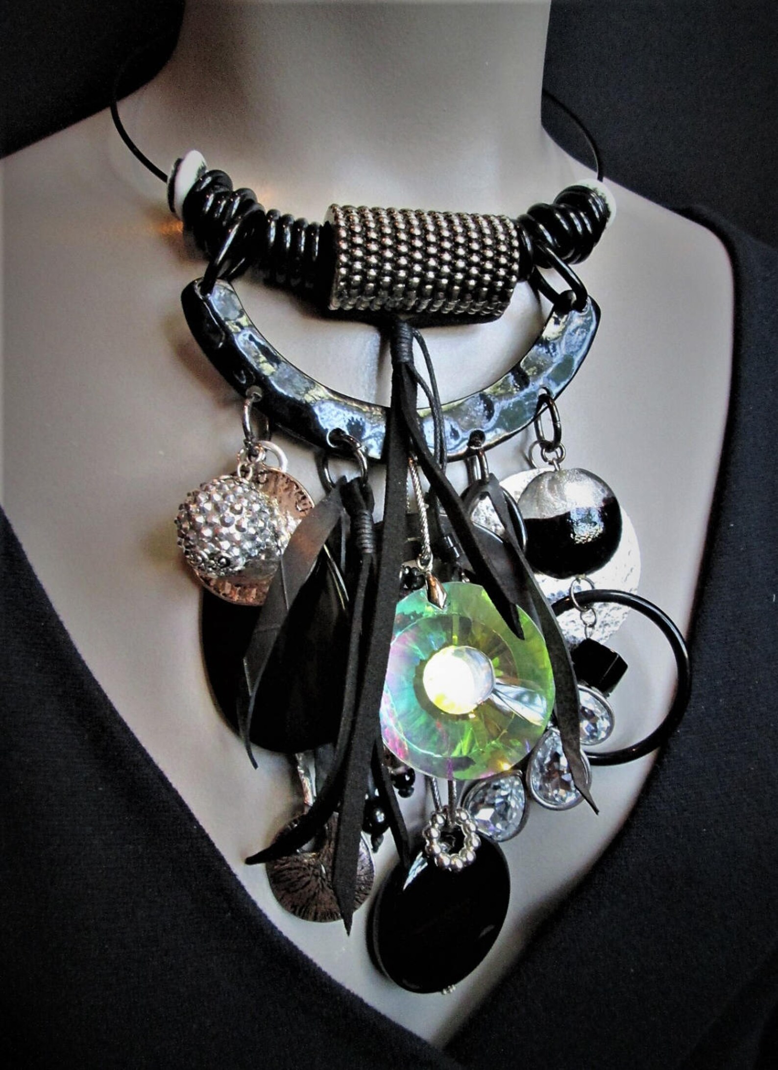 Big Bold Statement Necklace Rhinestone Silver Black Recycled Etsy