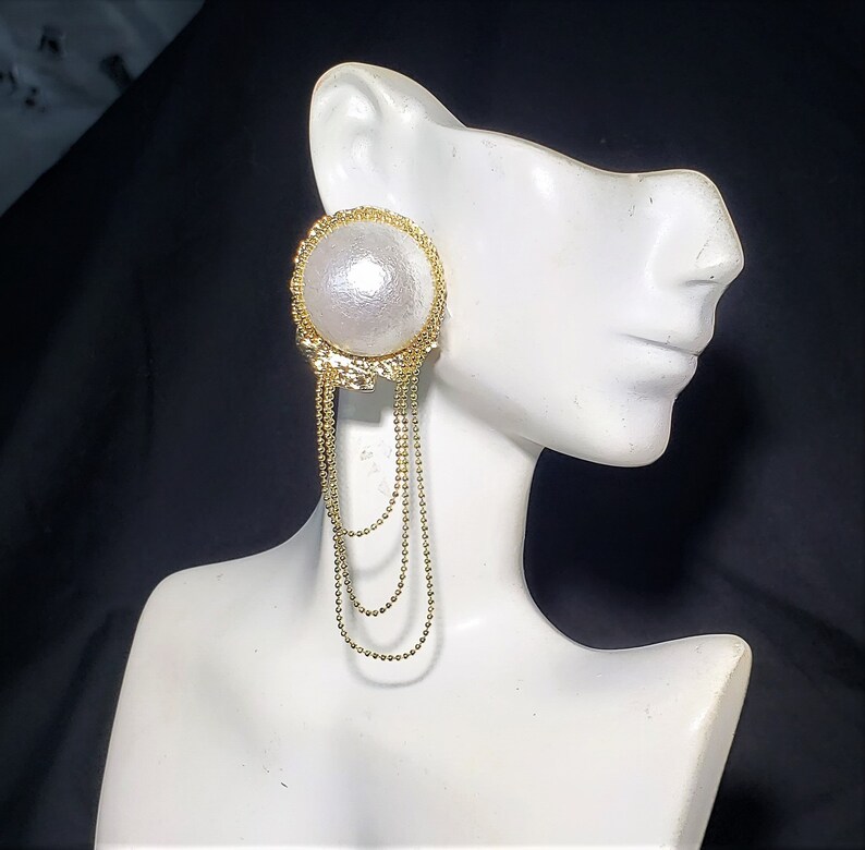 Pearl Earrings 3.5 Long Dangle White Pearl Stud Gold Chains Big Bold Chunky Statement Wedding Earrings Bridal Jewelry Formal
