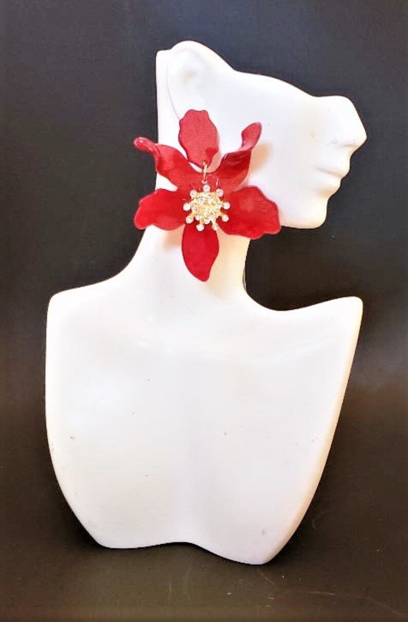 Flower Earrings 3 Long Red Floral Rhinestones Acrylic Big Bold Chunky Statement Oversized Plus Size Garden Wedding Summer Spring