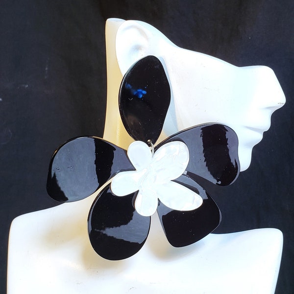 Flower Earrings 4" Long, Black White Floral Acrylic Big Bold Chunky Statement Oversized Botanical Tropical