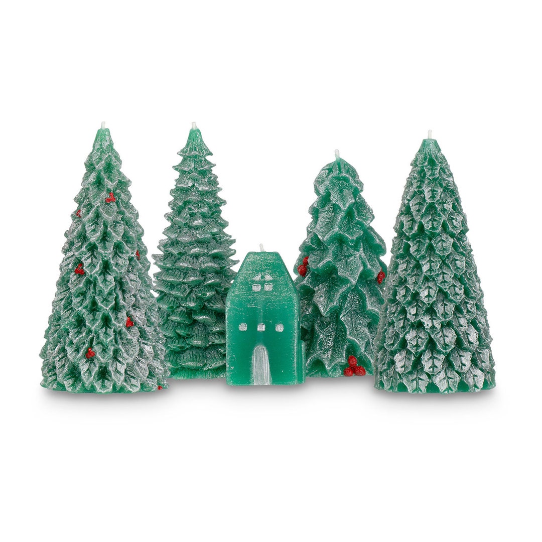 Christmas Tree Pillar Candle Set of 5 Unscented 5.5 Inch Centerpiece