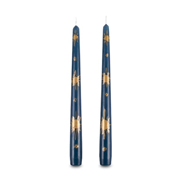 Hand Painted Blue Gold Night Taper Candles - Set of 2-10" tall - 8 hours burning time