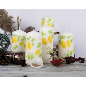 Sicilian Lemon Ivory Pillar Candles Unscented- Set of 5 Hand painted