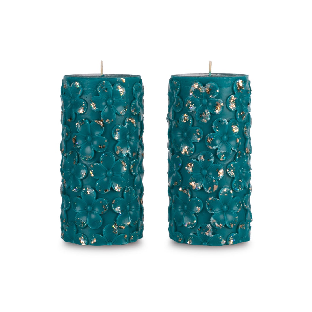 Teal Turquoise Pillar Candles Set of 2 Colored Flowers Scented