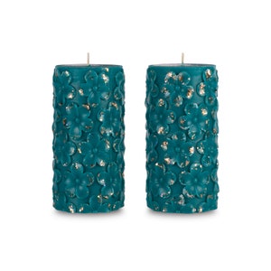 Teal Turquoise Pillar Candles Set of 2 Colored Flowers Scented Unscented - 5.5&quot;x2.5&quot; 30 Hour - 10 oz each
