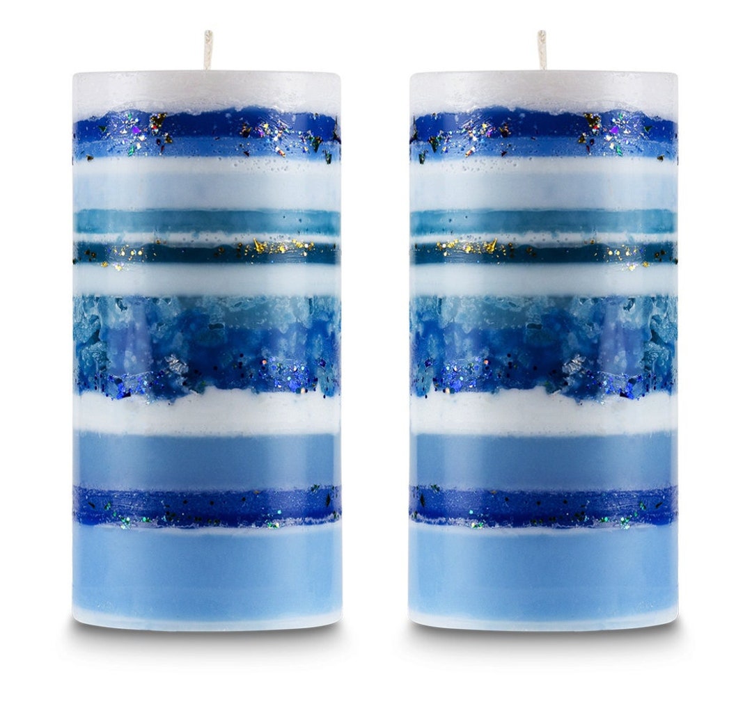 Pillar Candles Set of 2 Blue White Unscented Indoor Outdoor 3x6 Inch 60
