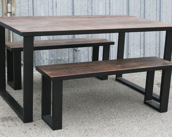 Solid Oak Wood Dining Table, Tube Steel legs, Rectangular and Two Long Benches