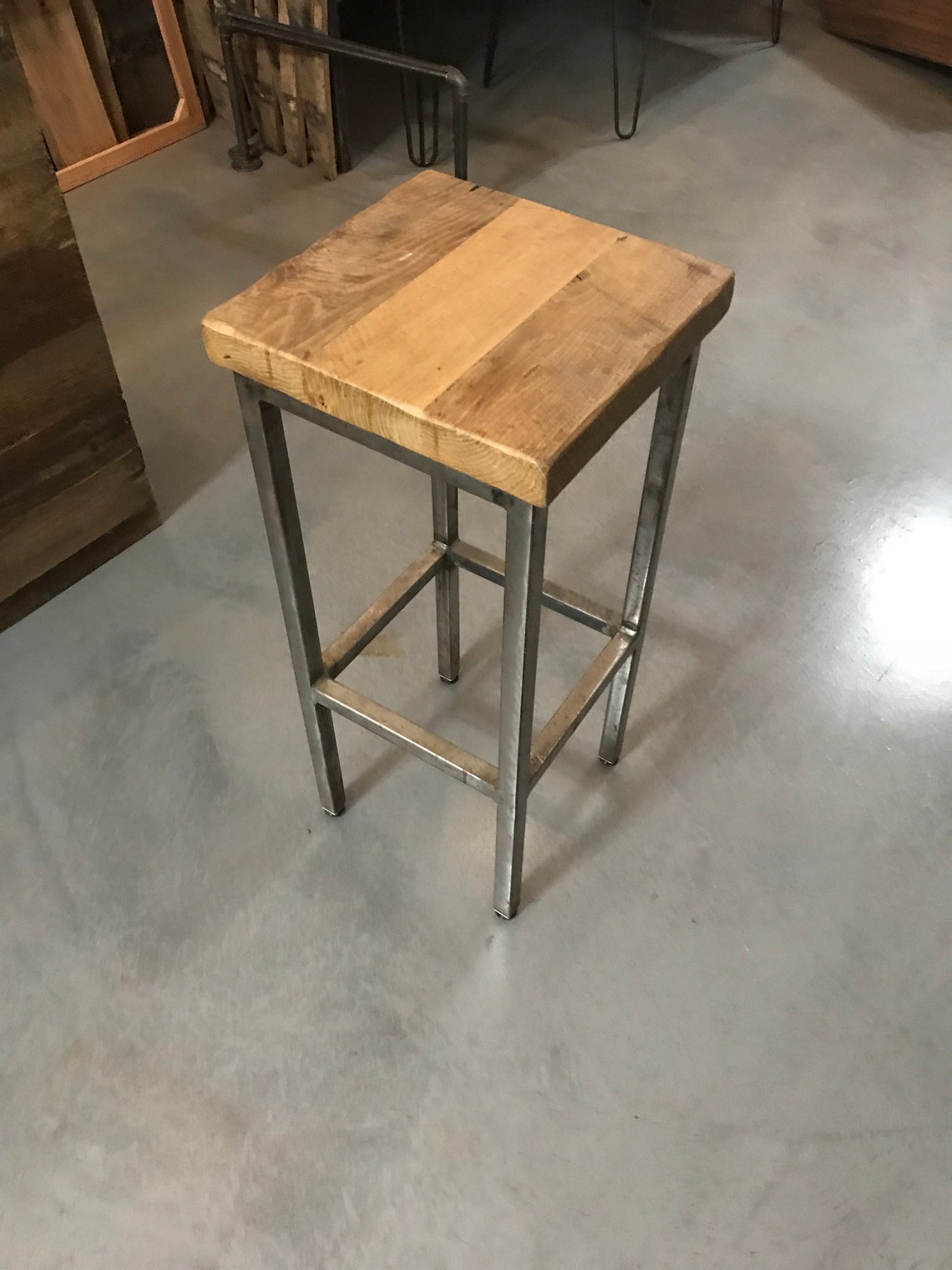 Reclaimed Wood Top and High Steel Base Stool - Etsy