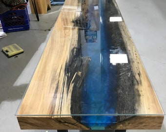 Blue and Black Epoxy Resin Custom Coffee Table with Glass Top