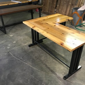 Solid Steel Based L Shaped Handmade Modern Pine Wood Desk