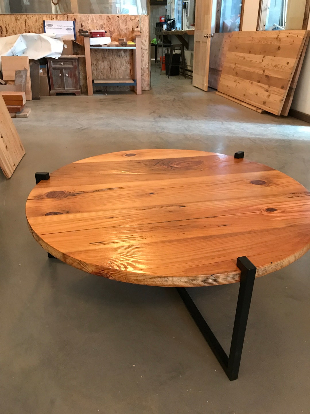 Household Essentials Pine Wood Round Coffee Table With Black Metal