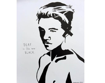 Deaf is the new black. Linoprint and ink on heavy paper 50 x 41cm. (20 x 16 inches.)