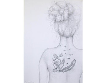 I want to spread my wings - original pencil drawing artwork