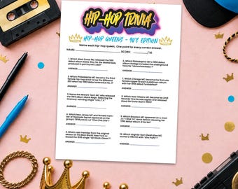 90s Hip Hop Trivia Game, Printable Rap Music Quiz, Women Rappers Party Game with Answer Key