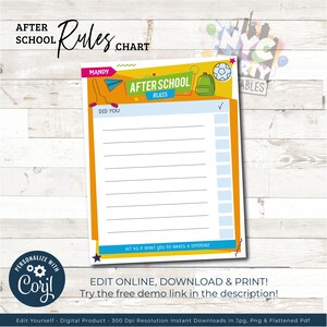 May include: A printable after school rules chart with a checklist. The chart has a yellow, blue, and green background with a soccer ball, backpack, and paper airplane. The text on the chart says "After School Rules".