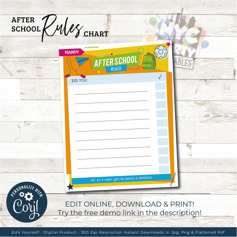 May include: A printable after school rules chart with a checklist. The chart has a yellow, blue, and green background with a soccer ball, backpack, and paper airplane. The text on the chart says "After School Rules".