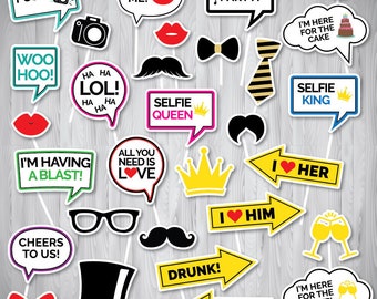Utskrivbara fotobåsrekvisita | Selfie-rekvisita för vuxna | Fotobås för födelsedagsfest | Nedladdningsbara festrekvisita