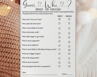 Bridal Shower Game, Bride or Groom Guess Who (Printable PDF)