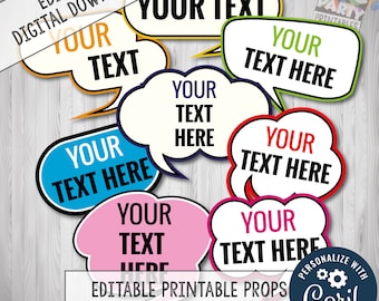 Editable Photo Booth Props,  Add Your Text, Edit with CORJL, Custom Speech Bubble Props.  Edit Online - Mobile or Computer,  Edit your self