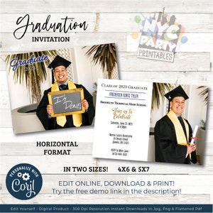 May include: A graduation invitation template featuring a photo of a graduate in a cap and gown holding a chalkboard that says "I'm Done!" The invitation is for Frederick Edric Tyler, a graduate of Brooklyn Technical High School. The invitation includes the date, time, and location of the graduation celebration. The invitation is available in two sizes: 4x6 and 5x7 inches.