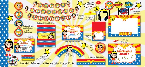 Wonder Woman Party, Wonder Woman Party Pack with Photo Booth Props, Photo Booth Frame, Photo Booth Backdrop Invitation included, PRINTABLE Il_570xn