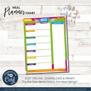 May include: A printable meal planner chart with a colorful design. The chart includes a space for a name, days of the week, meal planning, and groceries. The text "A healthy outside starts from the inside" is at the bottom of the chart.