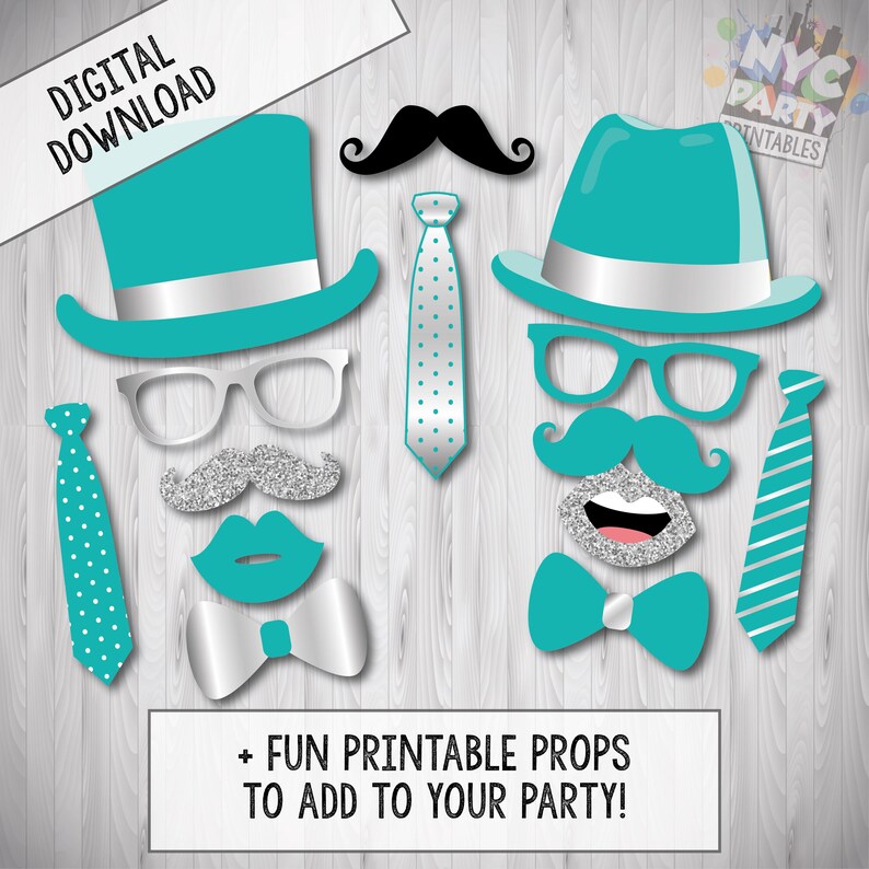 May include: A set of printable party photo booth props featuring a teal and silver color scheme. The props include a top hat, glasses, a bow tie, a mustache, lips, and a tie.