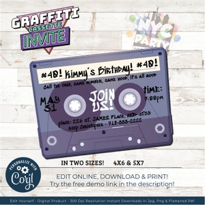 May include: A purple and grey cassette tape birthday party invitation with the text "#40! Kimmy's Birthday! #40!" and "Join Us!" The invitation includes the date, time, and location of the party.