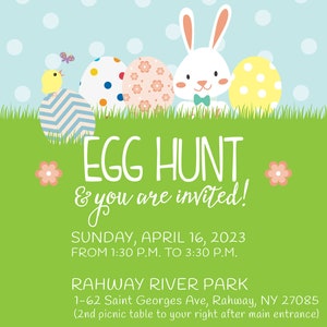 May include: An invitation to an Easter egg hunt with a white bunny rabbit, a yellow chick, and colorful eggs. The event is on Sunday, April 16, 2023, from 1:30 PM to 3:30 PM at Rahway River Park, 1-62 Saint Georges Ave, Rahway, NY 27085. RSVP to Yudy by 4/12/2017 at 908.444.5555.