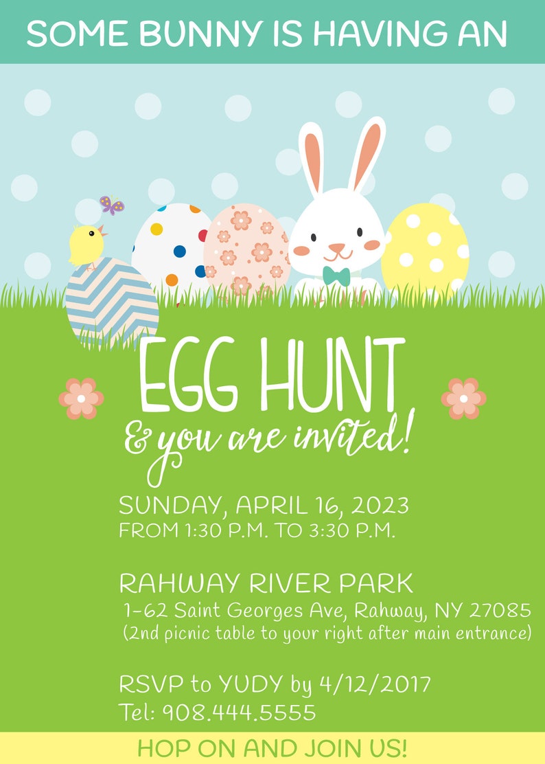 May include: An invitation to an Easter egg hunt with a white bunny rabbit, a yellow chick, and colorful eggs. The event is on Sunday, April 16, 2023, from 1:30 PM to 3:30 PM at Rahway River Park, 1-62 Saint Georges Ave, Rahway, NY 27085. RSVP to Yudy by 4/12/2017 at 908.444.5555.