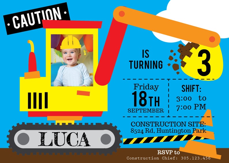 Construction Party, Construction Birthday, Digger Invitation, Construction Birthday Invite, Dozer PRINTABLE Photo Invitation, Personalized image 1