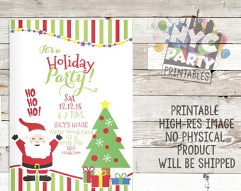 Könnte beinhalten: Eine festliche Einladung zur Weihnachtsfeier mit einer Illustration von Santa Claus, einem Weihnachtsbaum und Geschenkboxen. Die Einladung enthält den Text "It's a Holiday Party!" und Veranstaltungsdetails.