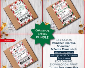 Editable Christmas Labels Bundle: Santa, Reindeer, Snowman (Edit with Corjl)