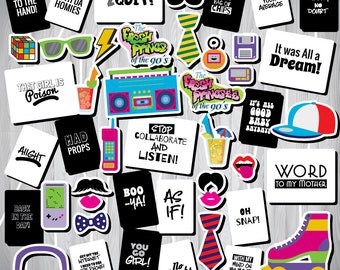 90s Photo Booth Props Printable, 90s Party Decor, Hip Hop Throwback Props, Rap Party Props, 90s Theme Party, Instant Download