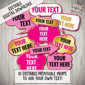 Editable Photo Booth Props, Custom Photo Booth Props, Printable Pink and Gold, Add your own text, Edit with ADOBE READER + FREE Bonus Props